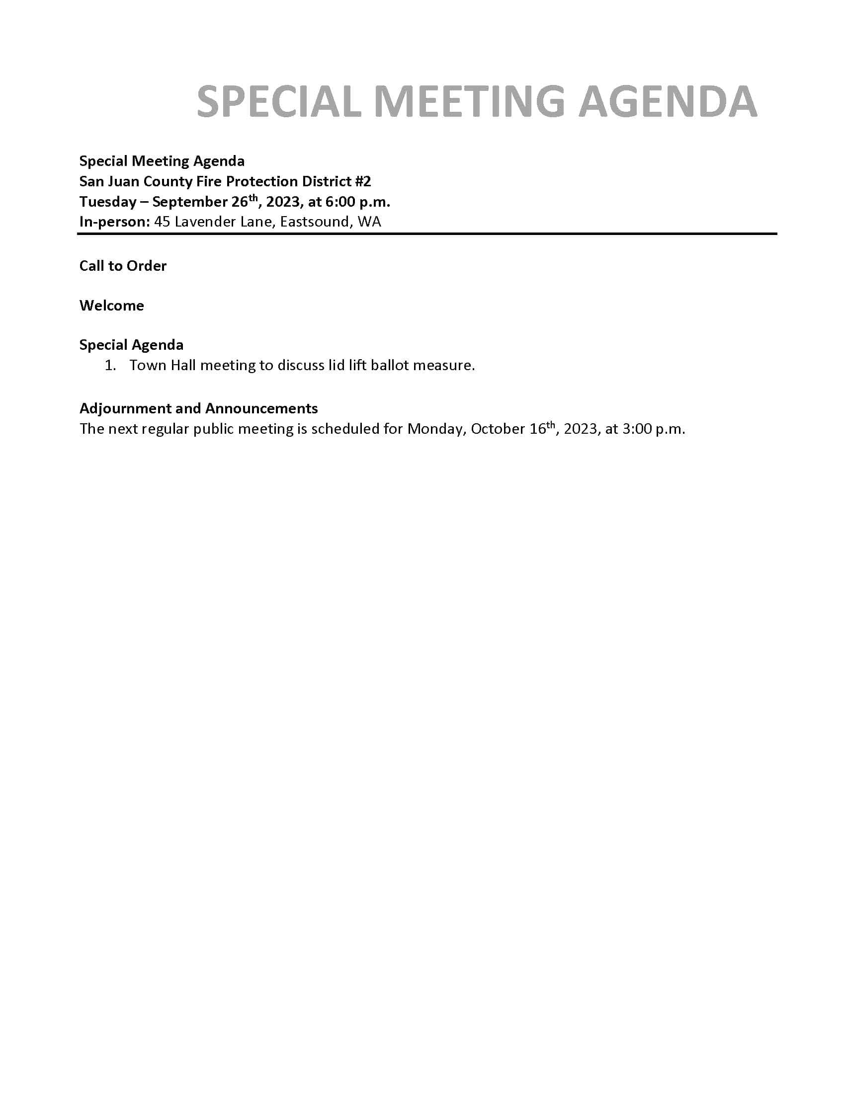 2023-09-26 Special Meeting Agenda 2023-09-26 Special Meeting Agenda