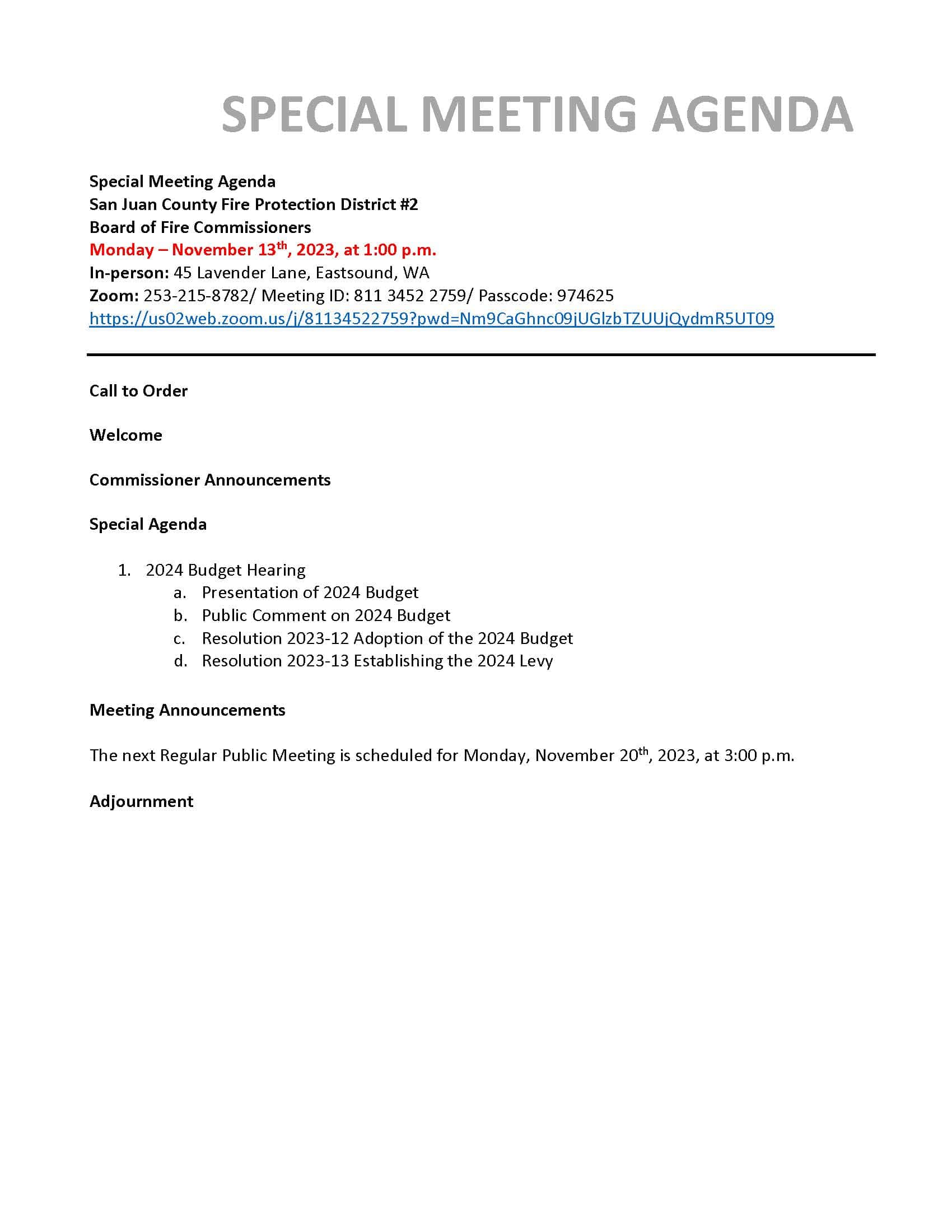 2023-11-09 2024 Budget Hearing Special Meeting Agenda