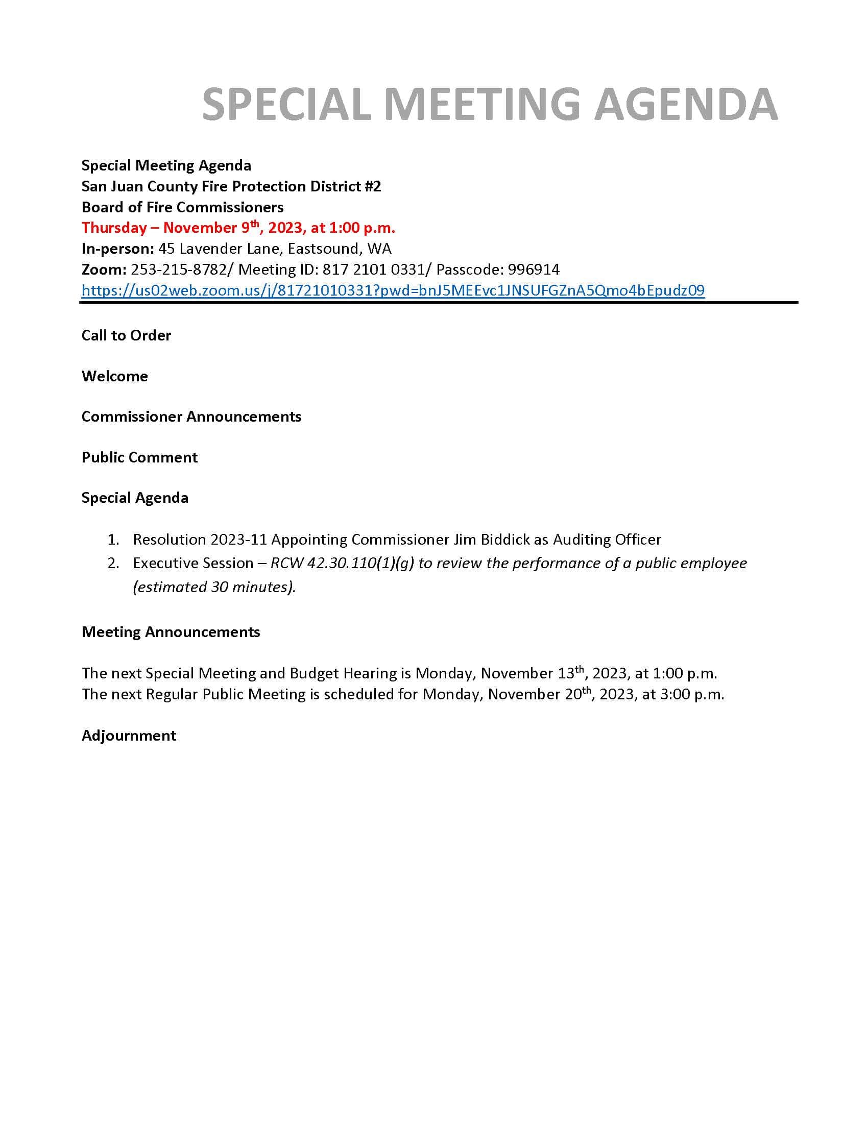 2023-11-09 Special Meeting Agenda