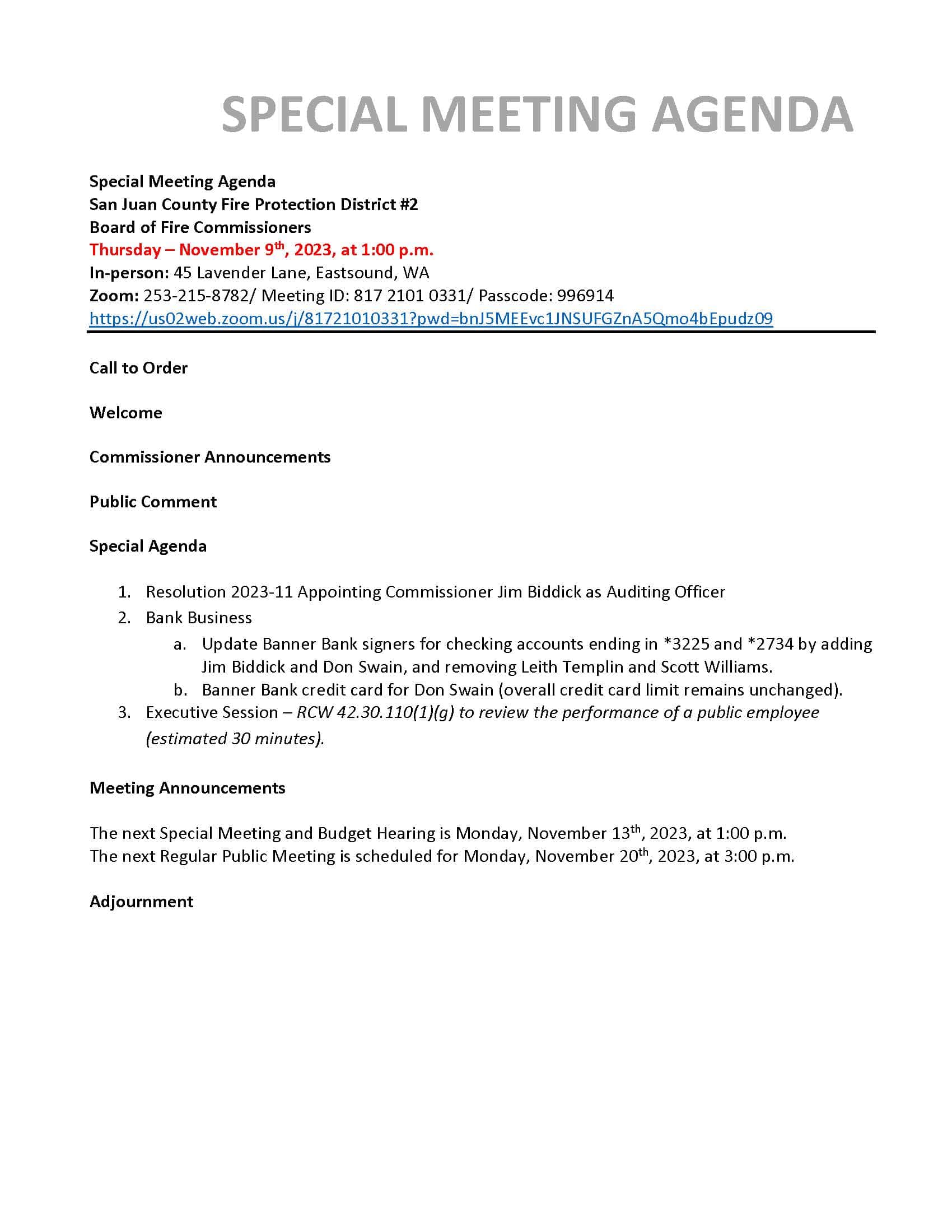 2023-11-09 Special Meeting Agenda