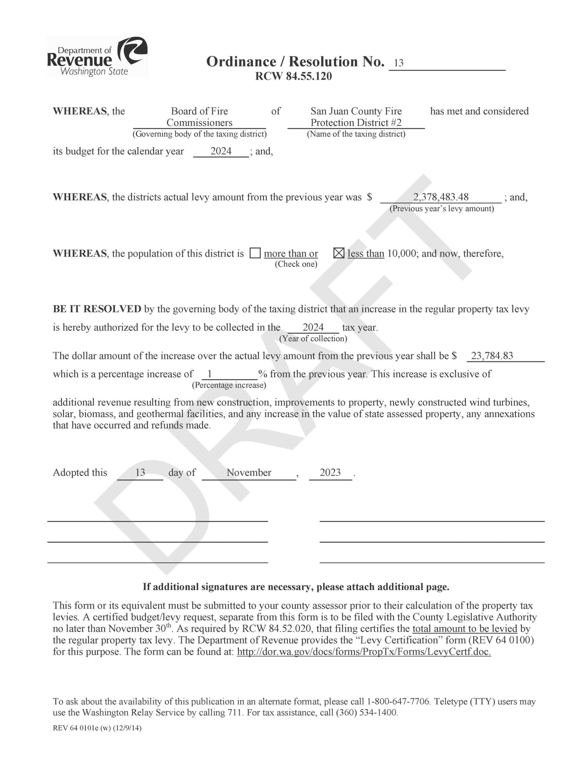 Resolution 2023-13 Establishing the 2024 Levy Draft