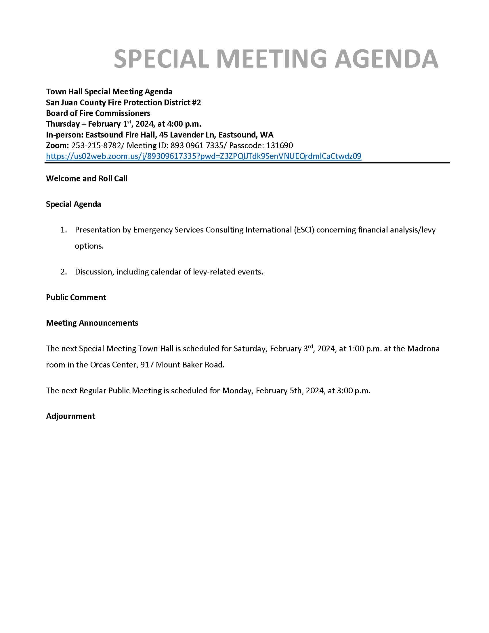 2024-02-01 Special Meeting Agenda