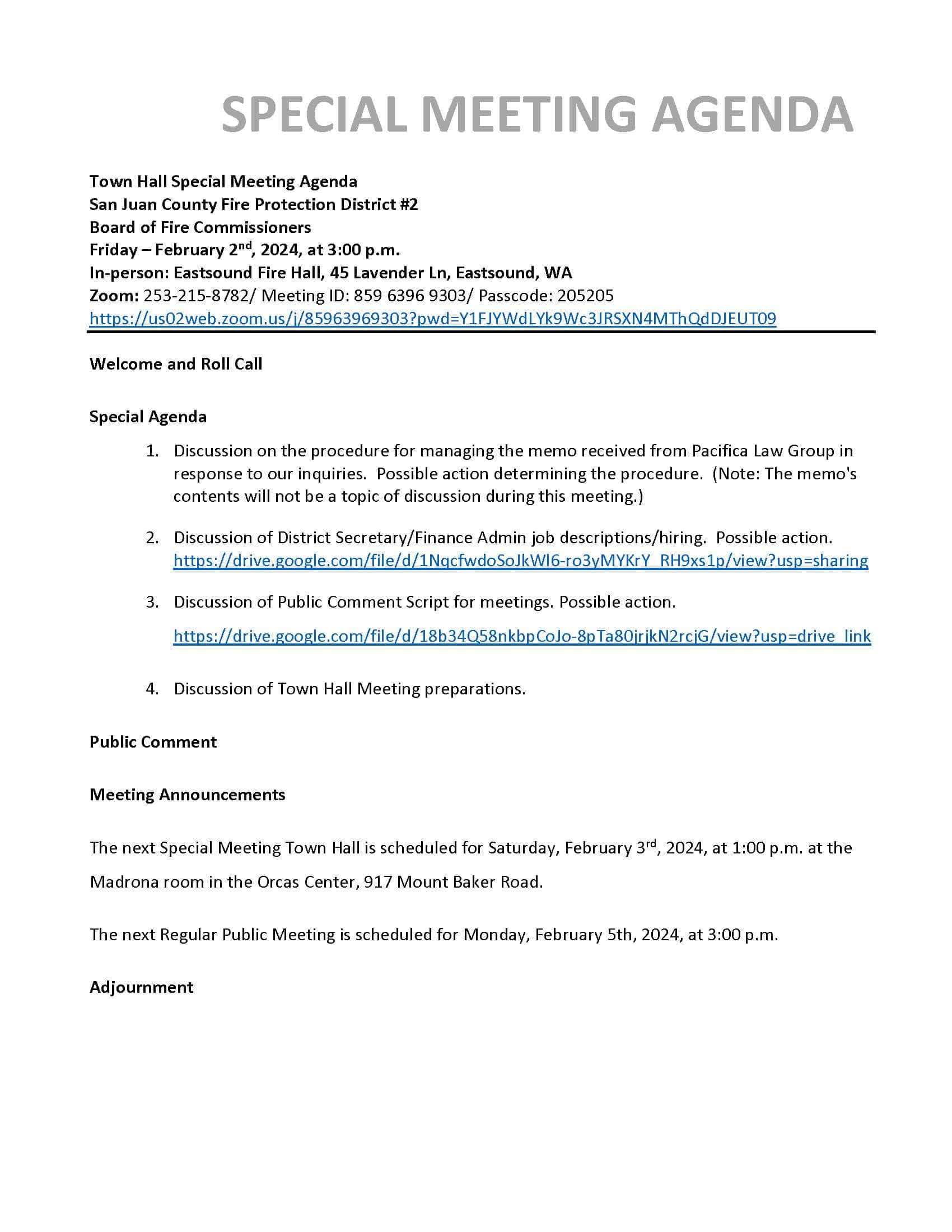 2024-02-02 Special Meeting Agenda